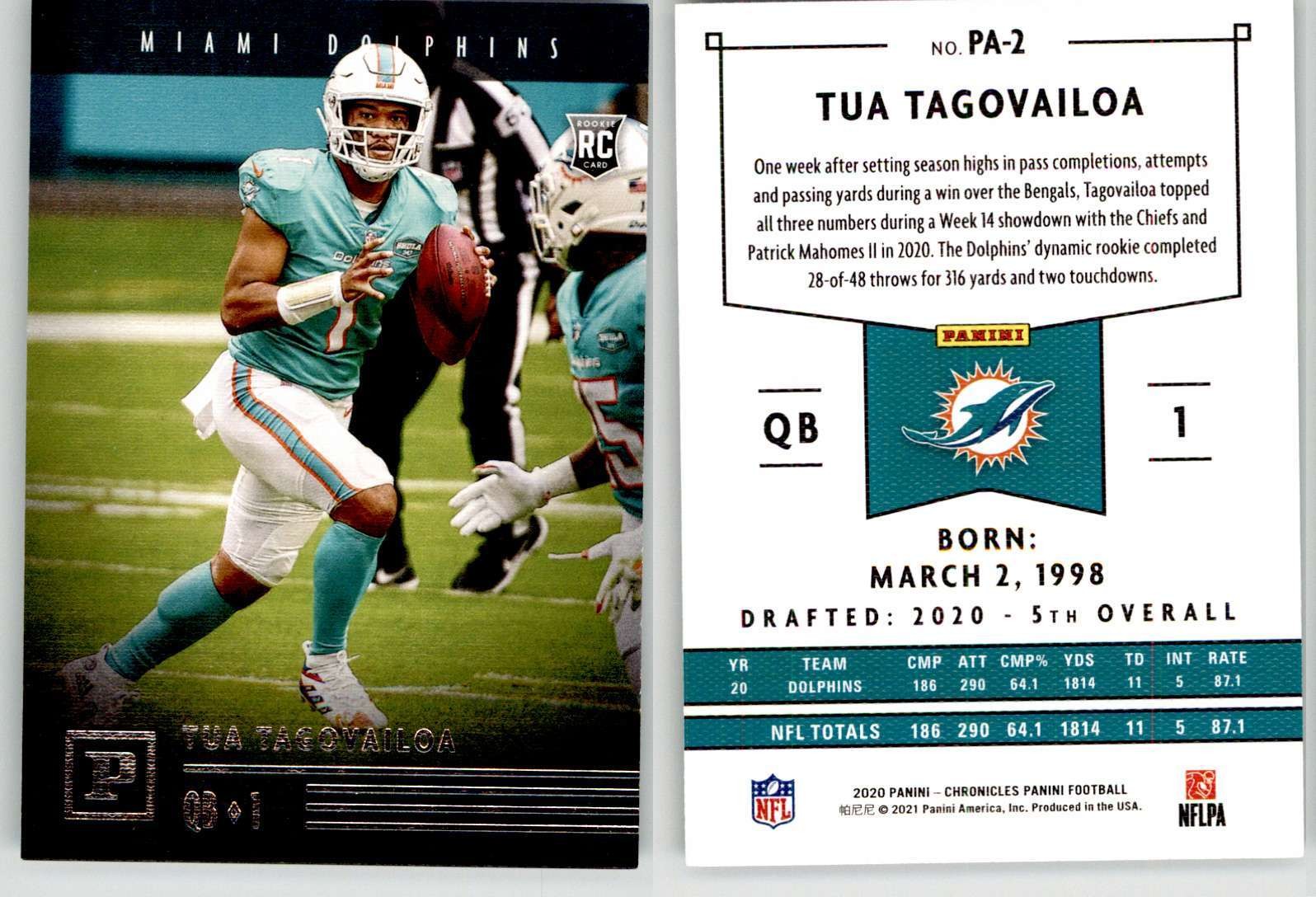 Tua Tagovailoa 2020 Chronicles Panini PA-2 Alabama Dolphins RC Rookie