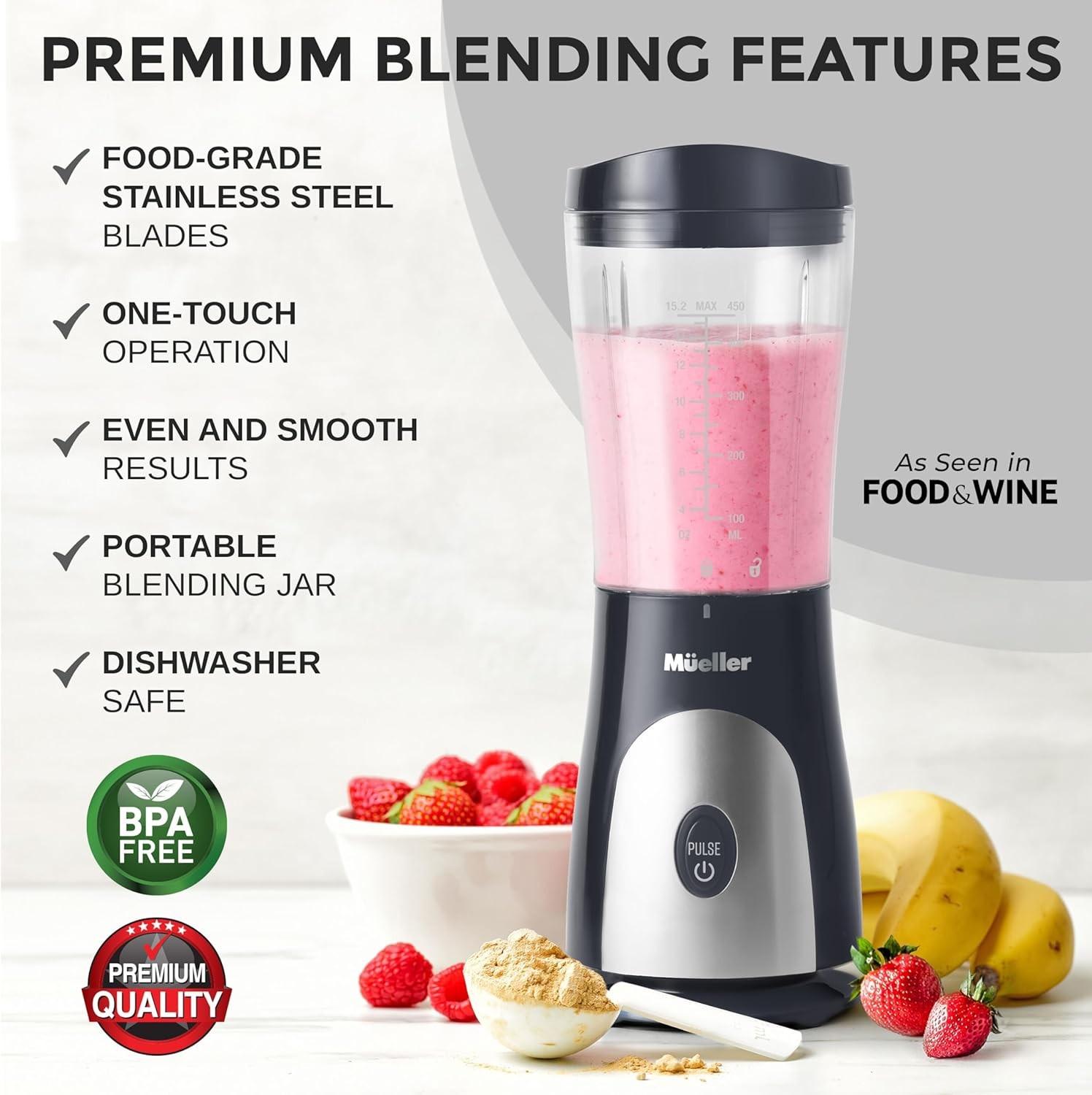 Mueller Personal Blender for Shakes and Smoothies with 15 Oz Travel Cup Gray 