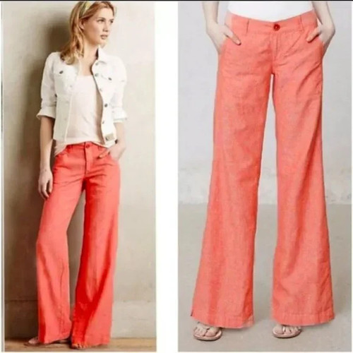 Pilcro & The Letterpress Linen Blend Women's 10 Wide Leg Coral Pants Lightweight - Picture 5 of 12