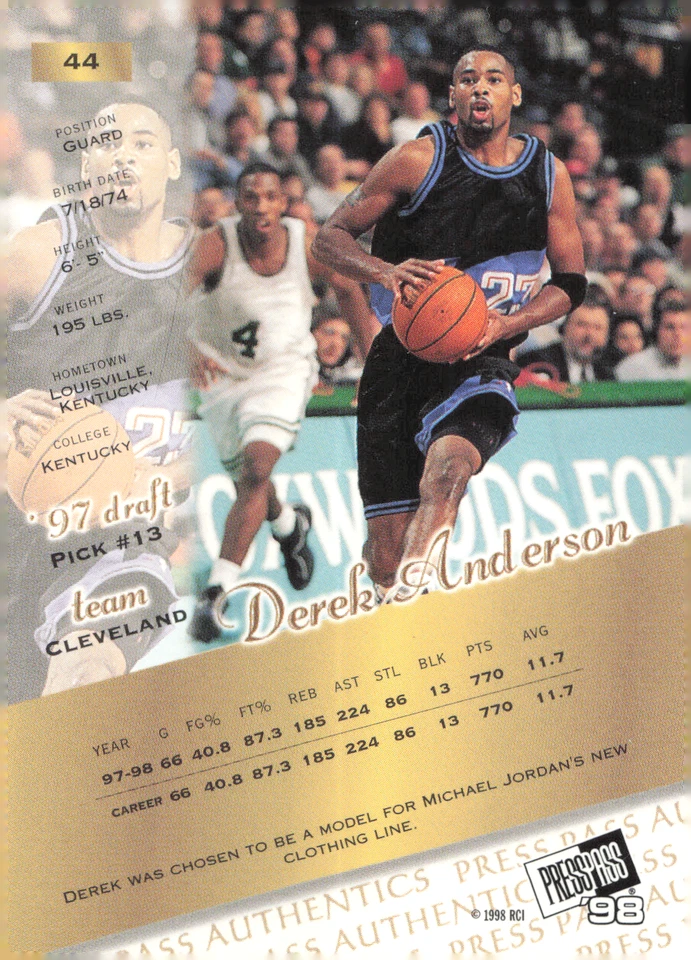 1998 Press Pass - #44 Derek Anderson Cavaliers - Image 2 of 2