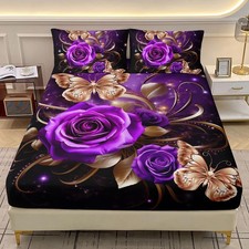 Purple Rose Fitted Set Queen Size, Golden Butterfly Bedding Set for Girls,Flo...