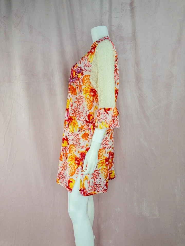 Vestido túnica floral rojo 100 % algodón Bottega Positano para mujer grande encubrimiento con cuentas Foto 2 de 4