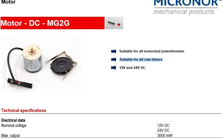 Motor DC MICRONOR MG2G 12V 24VDC Suitable for all motorized potentiometer Timers