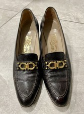 Salvatore Ferragamo Gancini Heeled Loafers 8AA Brown Lizard Embossed Leather