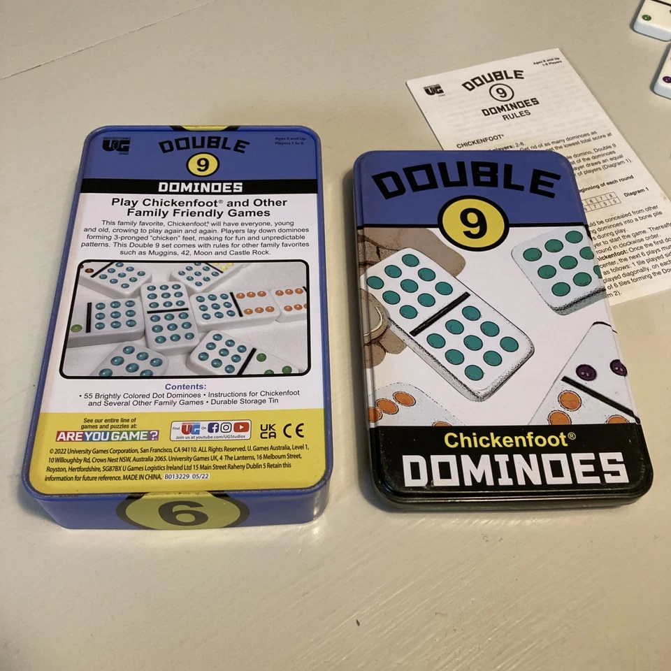 Set of 55 DOUBLE-NINE Chickenfoot Dominoes Color Dot w/ Metal Storage Tin - Image 2 of 4