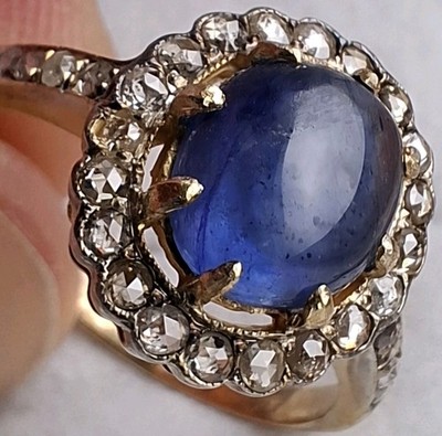 Antiker Verlobungsring 18 Karat Gold Ceylon Saphir & Altschliff Diamant Größe N