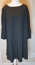 Lafayette 148 New York XL Charcoal Knit Shift Dress Bell Sleeve Career Midi LBD