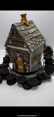 Rare Vintage Brown Ceramic Ginger Bread House Cookie Jar Lollipop Flowers