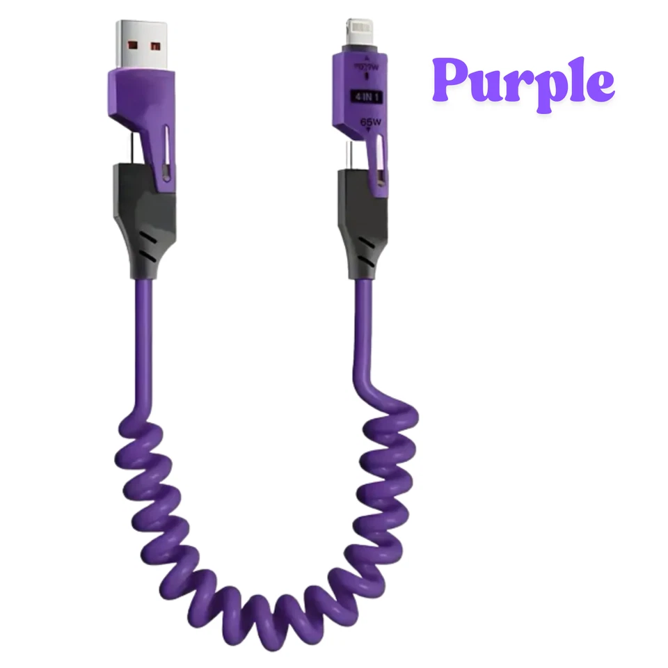 4in1 Coiled Charger Cable Multi USB Type-C Light Fast PD65W Samsung iPhone Car - image 4 of 4