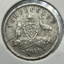 1911 Threepence Coin - almost Very Fine Scratched - Silver Predecimal George V