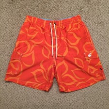 Caribbean Joe Swim Trunks Mens Size Medium Orange Floral Lined Cargo