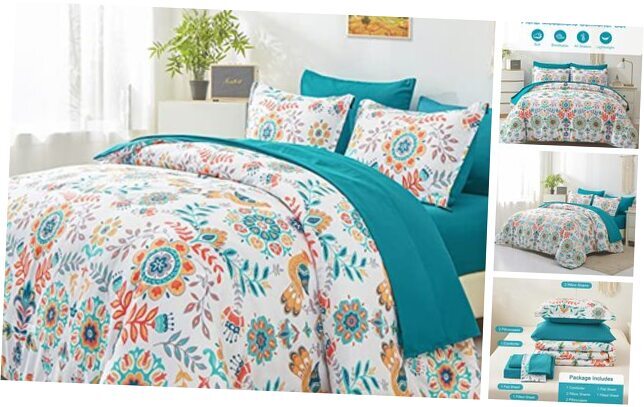 Boho Comforter Set - 7 Pieces Bed in a Bag Floral Medallions Design, Queen Blue