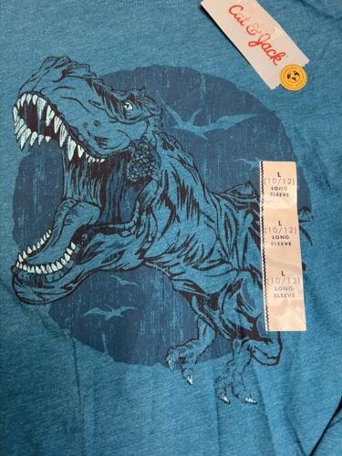 2x Cat & Jack Boys Teal Blue Dinosaur Graphic Long Sleeve T-shirt Size L 10/12 - Picture 5 of 6