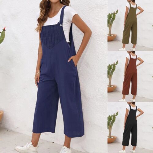 Women Strappy Dungarees Jumpsuit Romper Baggy Overalls Playsuit Cropped Trousers