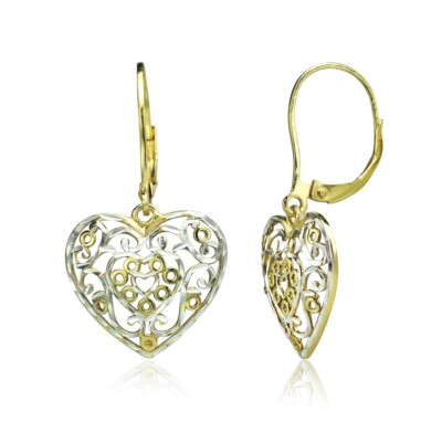 Gold Tone over Silver Two-Tone Diamond-cut Filigree Heart Leverback Earrings