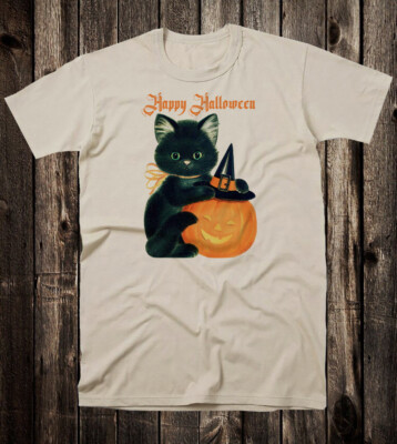 Retro Halloween Tee T Shirt Vtg Art White Cotton Cute Black Cat
