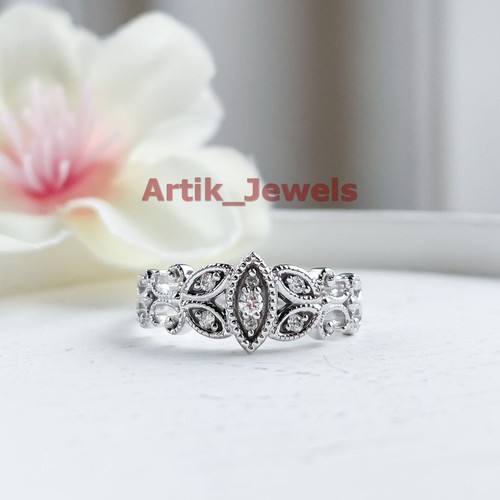 Round Moissanite with 14K White Gold Plated Silver Art Deco Ring for Women's #05 - Picture 4 of 13