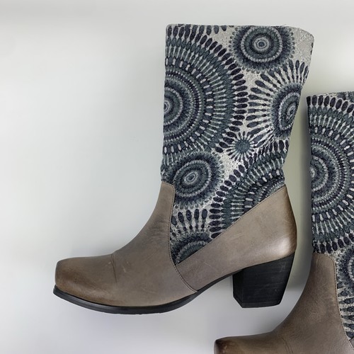 Spring Step Peru Mid Boot Pull On Gray Leather Blue Pattern Lined Heel 39 8.5 - Picture 8 of 16
