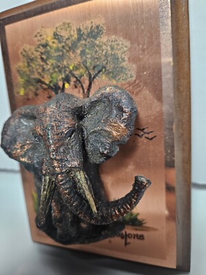 Vintage Gastone Copper Creations 3D Relief African Elephant Art
