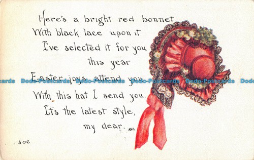 R097886 Hier ist eine knallrote Haube mit schwarzer Spitze drauf. Gedicht. 1912