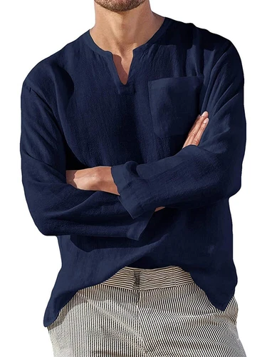 Men Casual Shirt Long Sleeve Cotton Linen Beach T Shirt Lightweight New EUR sz - Picture 8 of 37