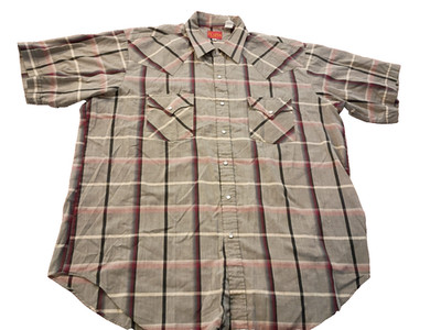 Ely Plains Western Shirt Men's XL Black Gray Red Plaid Pearl Snap Short Sleeve