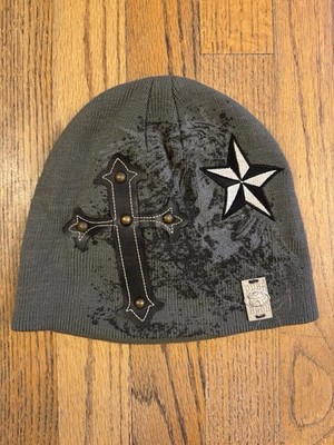 Vintage Pugs Bear Men's Gray Skull Cap Beanie One Size Cross Star Graphic Rock 