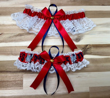 Wedding Garter England Patriots NFL White Lace Red Satin Ribbon Set.