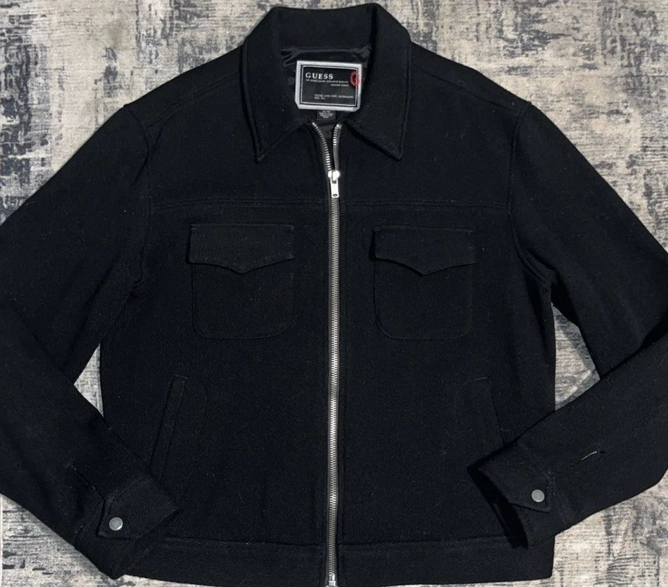 GUESS Wool Blend Pea Coat Mens Size XL Black Lined Full Zip Military Style Woven - Image 3 of 4