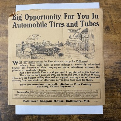 1910s Baltimore Bargain House Baltimore MD Pullman Tires Handbill Flyer