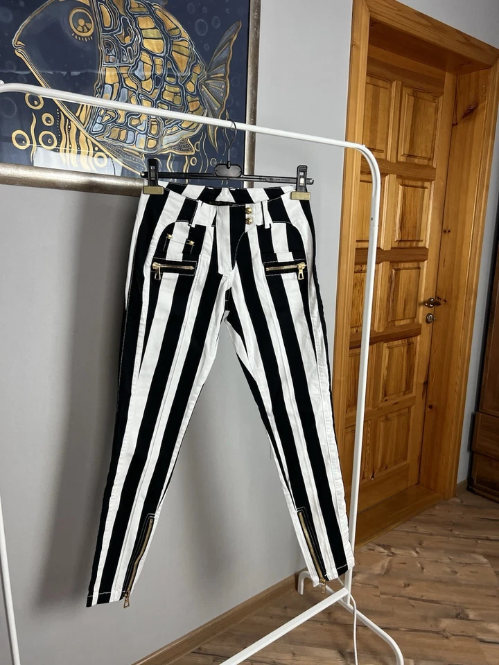 MINT! Balmain x H&M Striped Biker Skinny Zipper Pants White /Black Size US 6 -36 - Image 2 of 4