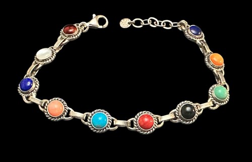 925 Silver Multi Gemstone Southwest Link Bracelet 8” Adjustable NWT QVC - Picture 2 of 11