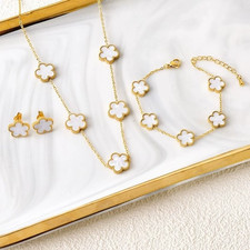 3Pcs 18K Gold Plated Five Leaf Clover Jewelry Necklace Bracelet Earrings Sets