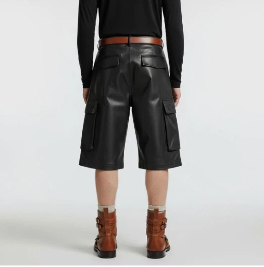 Mens Black Real Leather Cargo Shorts Outwear Six Pockets Baggy Cargo Shorts - Image 3 of 4