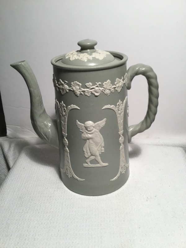 RARE 19C. DUDSON STAFFORDSHIRE SAGE JASPERWARE COFFEE POT