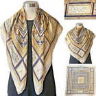 BASILE Beige/Navy/Tan Silk Satin Spot Jacquard Floral Scarf 87x87cm Handroll Hem