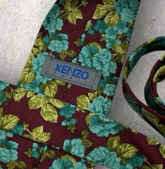 Corbata de Seda KENZO ITALIA Borgoña Verde Azul Floral W:4" Usada en Excelente Condición Foto 2 de 4