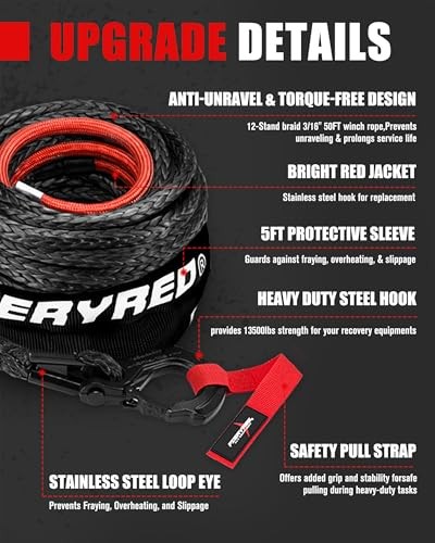  3/16inch 50FT 8500LBS Synthetic Winch Rope Cable Kit with Forged 3/16inx50ft