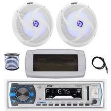Pyle Bluetooth Marine Receiver,Cover,Antenna,Wire, 2x 8'' 320W LED White Speaker