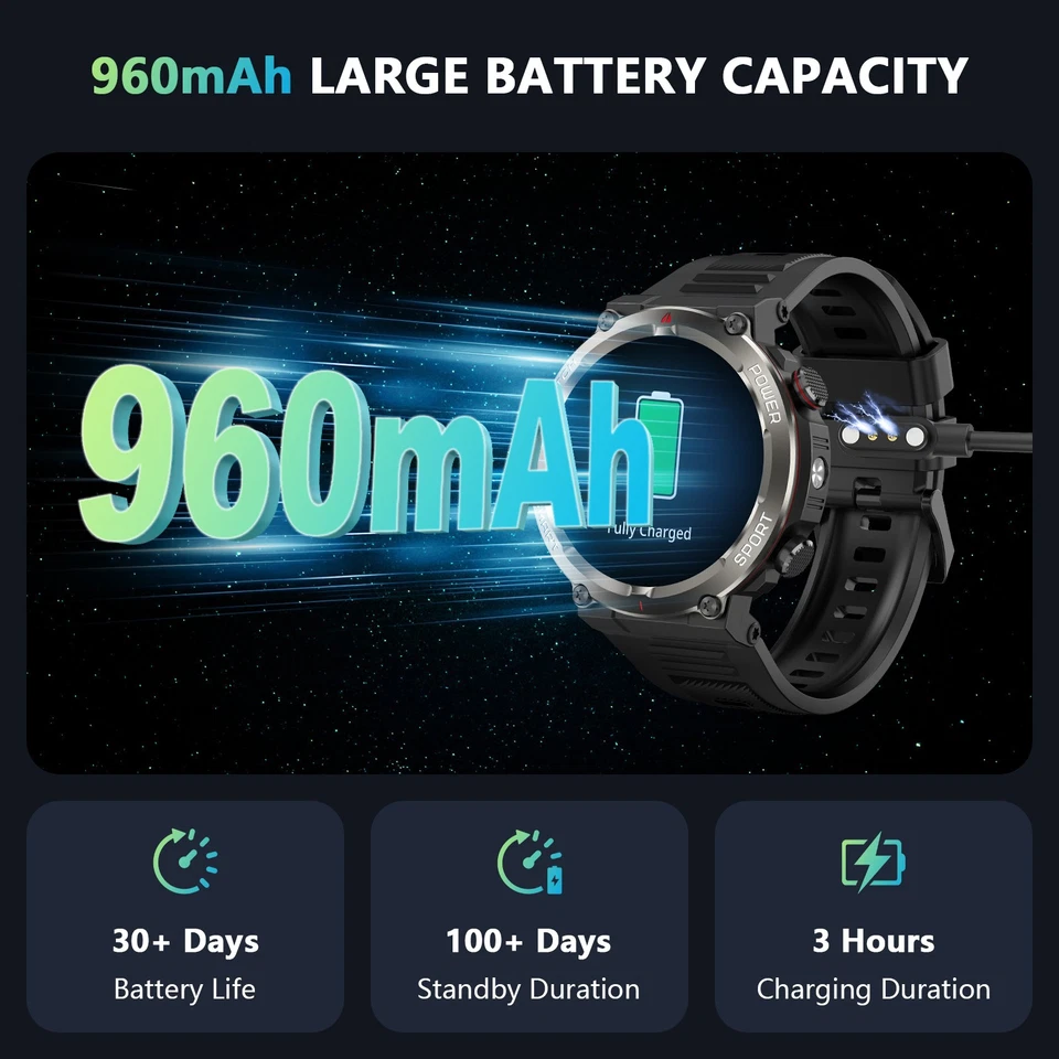 Militär Smartwatch mit Bluetooth-Anrufe 5ATM Wasserdicht 960mAh Fitnessuhr Neu - Bild 2 von 4