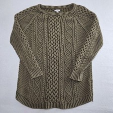 LL Bean Signature Fishermens Tunic Sweater Women's L Green Cable Knit Cotton