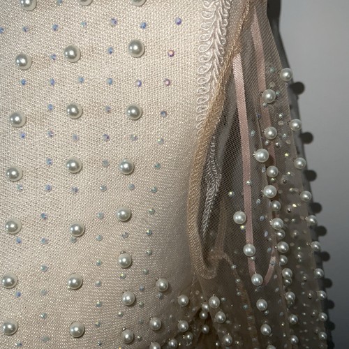 Haute Monde Faux Pearl & Rhinestone Mesh Long Sleeve Tan Nude Shirt Womens L - Picture 3 of 8