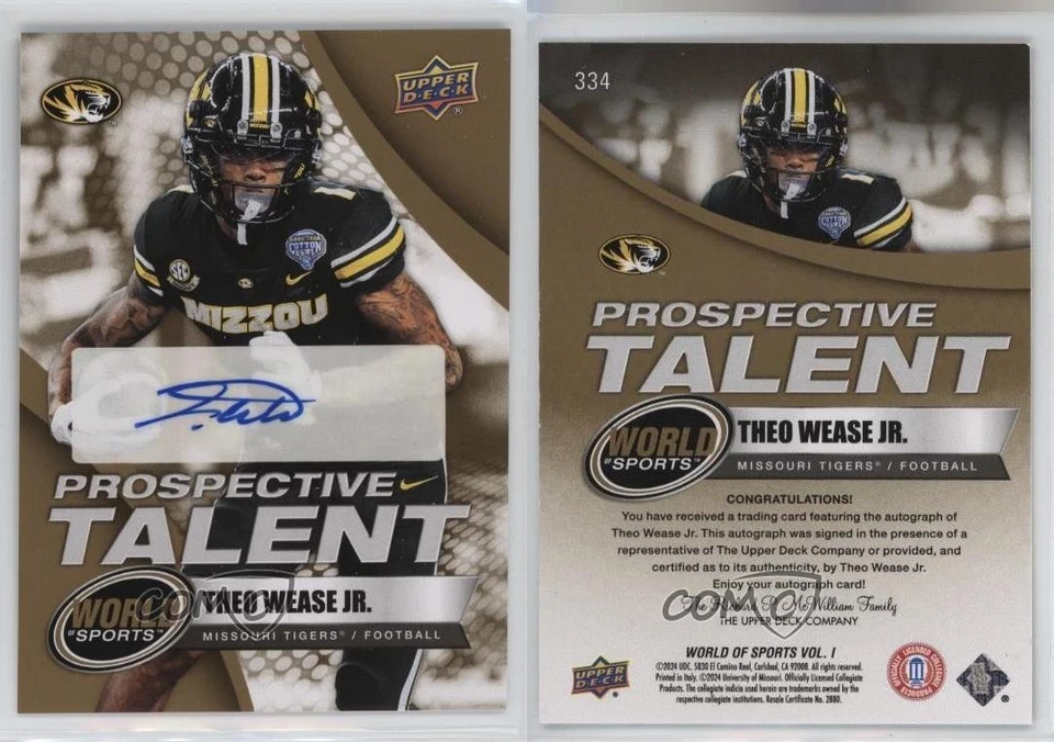 2025 Upper Deck World of Sports Prospective Talent Auto Theo Wease Jr #334 - Image 3 of 3