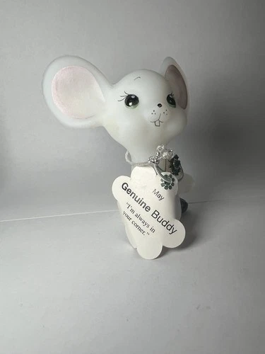 Fenton Boutonniere Buddy Mouse Frosted White Pink Green Art Glass Figurine