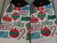2  HANDMADE CROCHETED HANGING KITCHEN TOWELS CHRISTMAS ORNAMENTS JOY MERRY