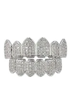 2X Silver Plated Bling Bling Cubic Zirconia Top & Bottom Mouth Teeth USA