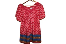 Rebecca Malone Red  Printed Paisley Casual Short Sleeve Boho - Size L  EUC