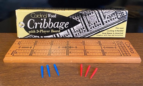 Vintage Cardinal Wood Cribbage Board with 6 Pegs and Box - 2 Player, No 61 - Picture 1 of 12