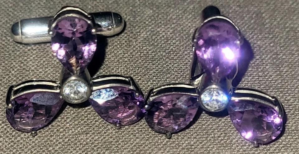 Gemelos trébol Novica de plata esterlina .925 amatista natural circonita cúbica diamante Foto 3 de 4