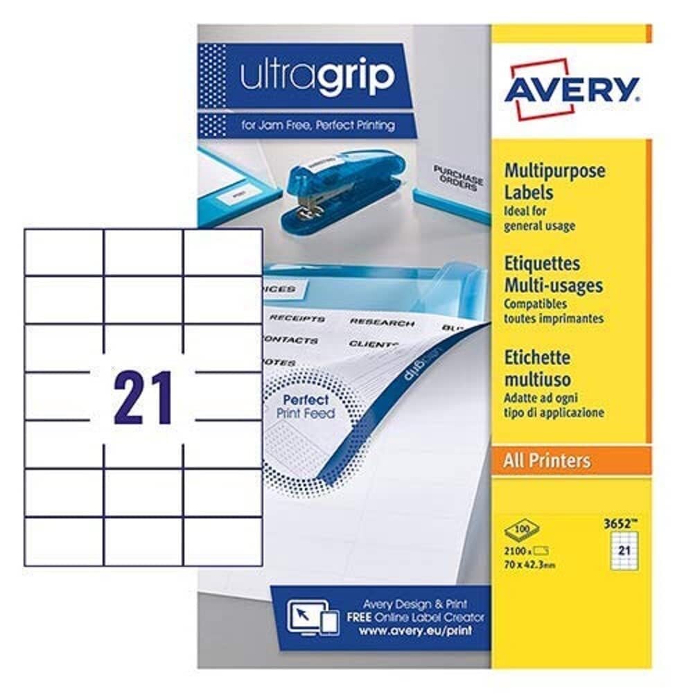 Avery 3652 self-adhesive Multipurpose/copier Labels, 21 labels per A4 Sheet, Whi